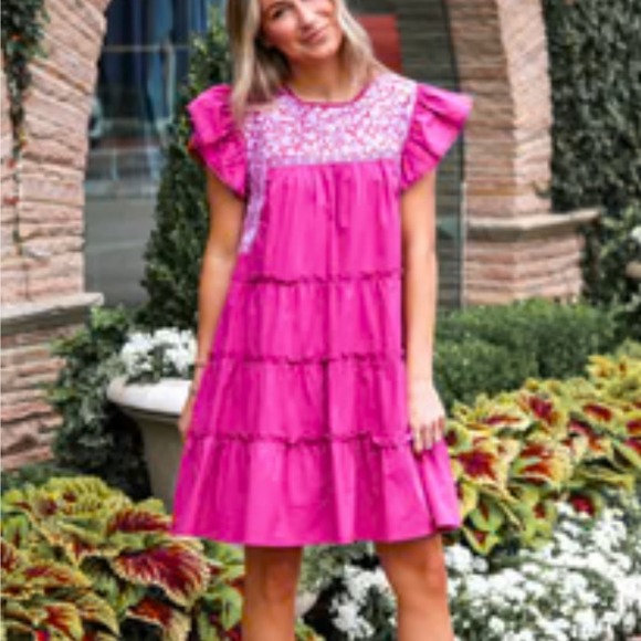 j. marie Dresses & Skirts - J. Marie Cotton Embroidered Ruffle Sleeve Popover Dress L Magenta/Berry